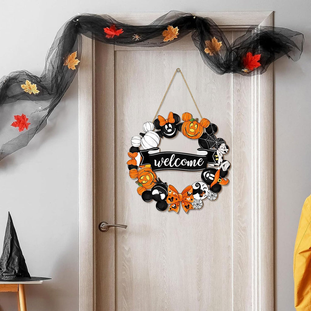 Halloween Mouse Wreath Door Decorations Welcome Hanging Sign, Happy Halloween Front Door Hanger Decor, Cute Wooden