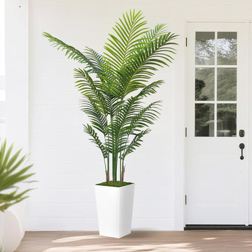 Artificial Palm Tree 6FT - Fake Tree with White Tall Planter - Faux Tropical Areca Floor Plant in Pot - Artificial