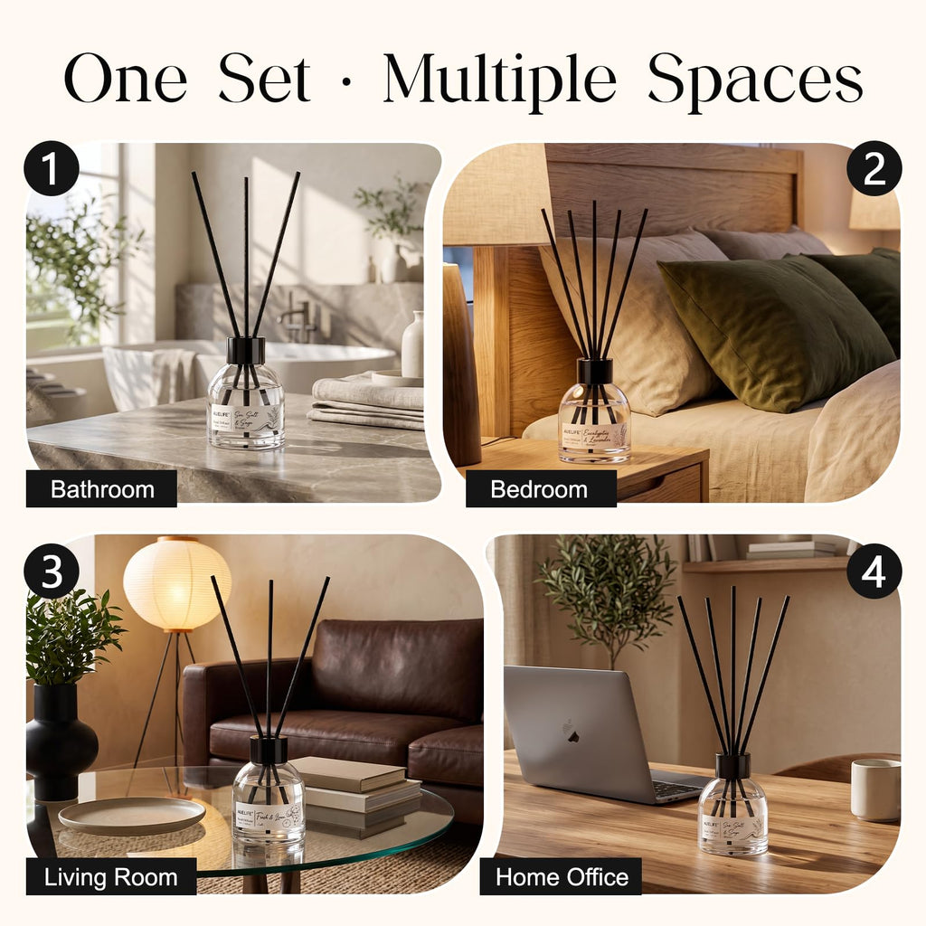 Reed Diffuser Set of 3, Sea Salt/Eucalyptus Lavender/Fresh Linen