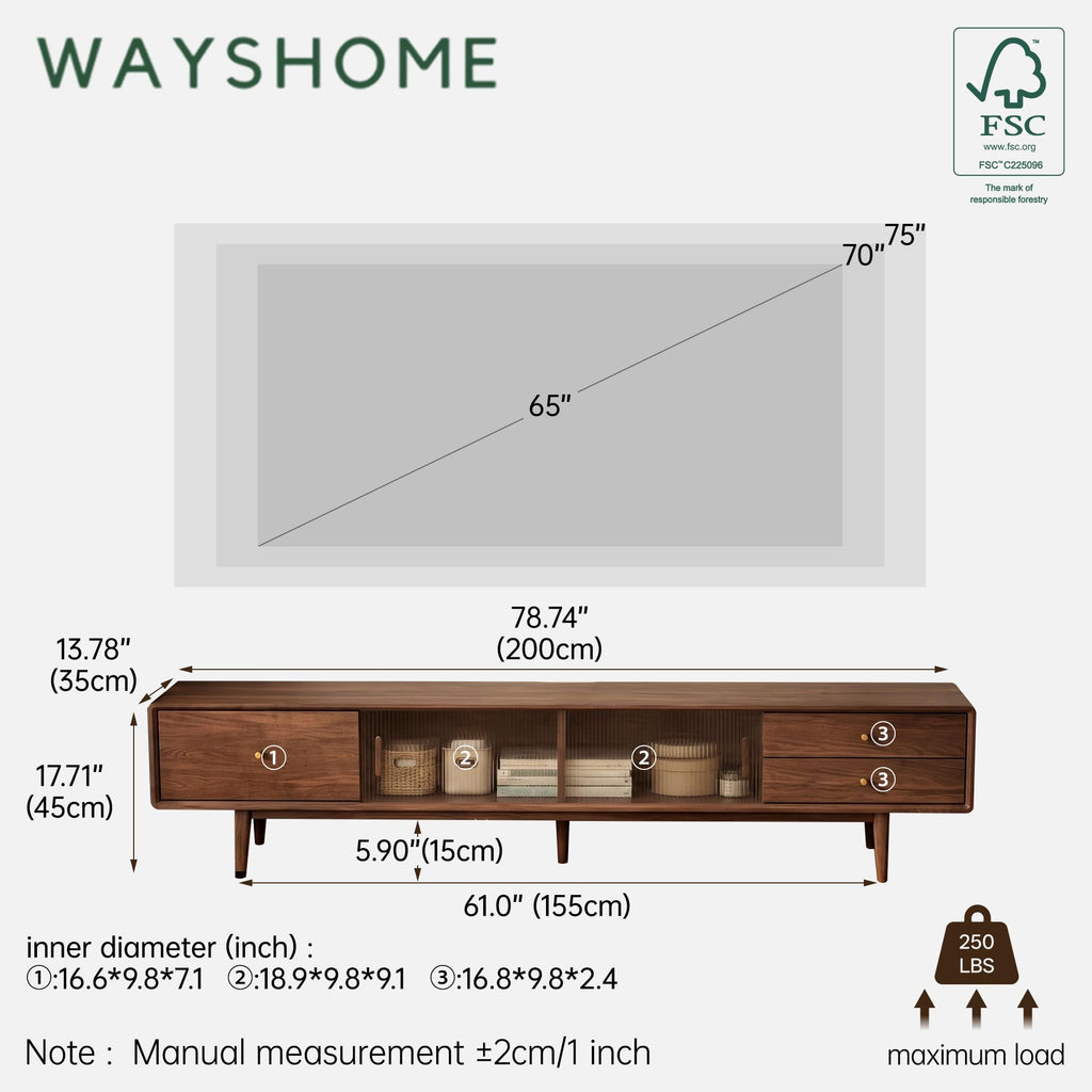 80" Solid Oak Wood TV Stand, Large Entertainment Center, Fully Assembled