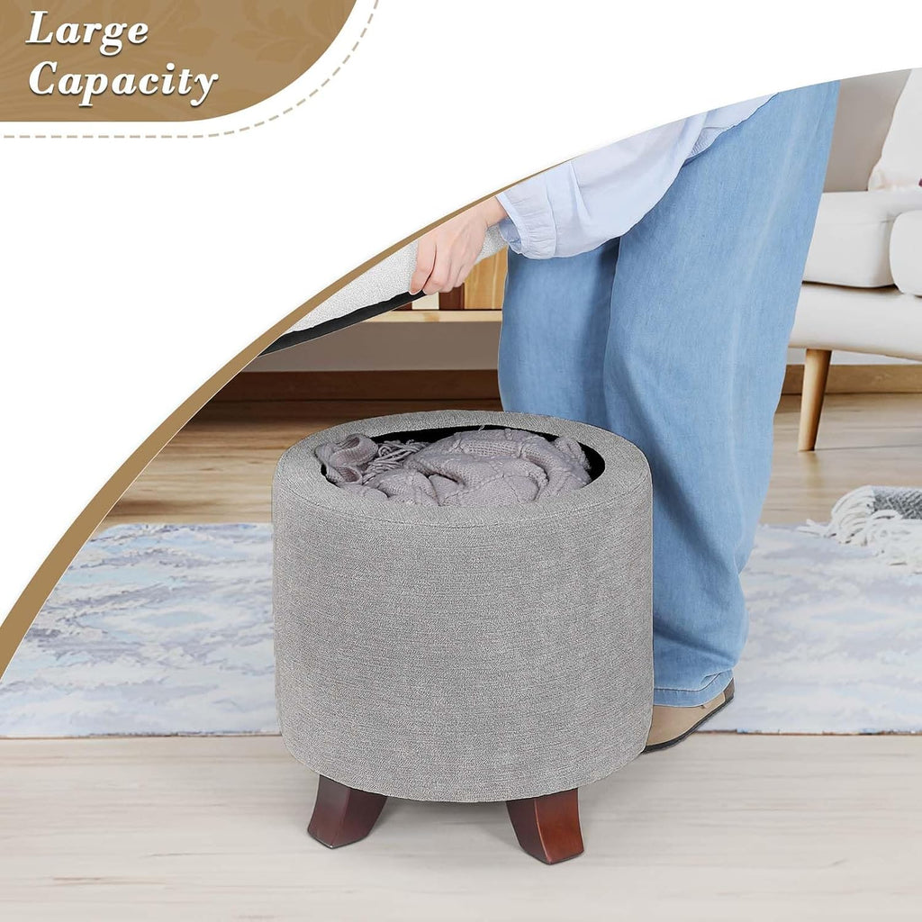15 Inch Small Ottoman with Storage, Round Linen Fabric Storage Ottoman Foot Rest with Removable Lid, Multipurpose