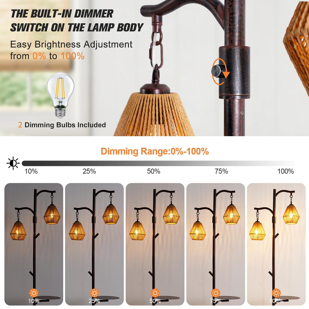 Arc Floor Lamp with Cage Shade, Rattan&Fabric Boho Floor Lamps Bedroom, Rust Color Industrial Dimmable Floor