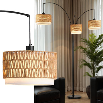 80'' Rattan Arc Floor Lamp, 3-Light Boho Tree Tall Lamp