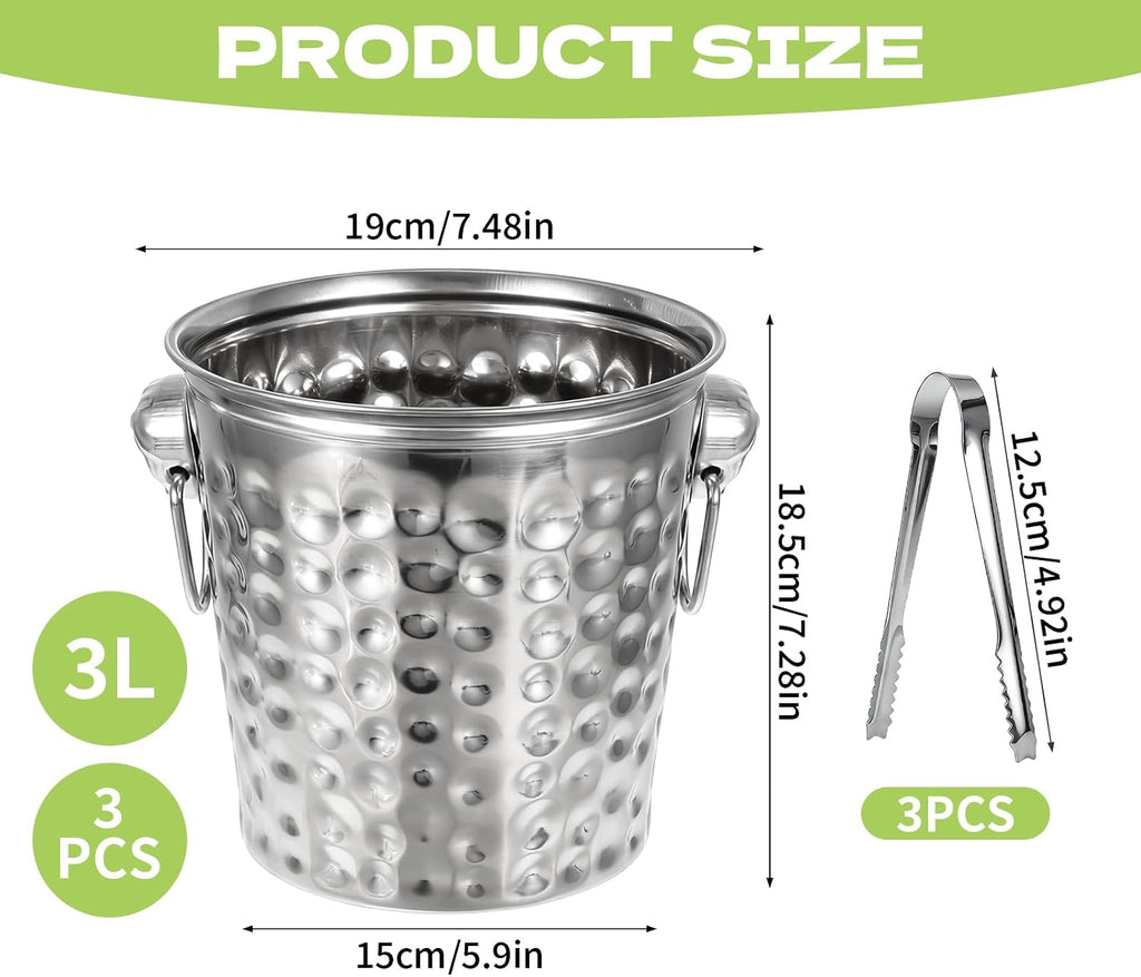Ice Buckets with Handles and Tongs, 3L Metal Beverage Tubs for Ice and Drinks, Wine and Champagne Chiller - Set of 3