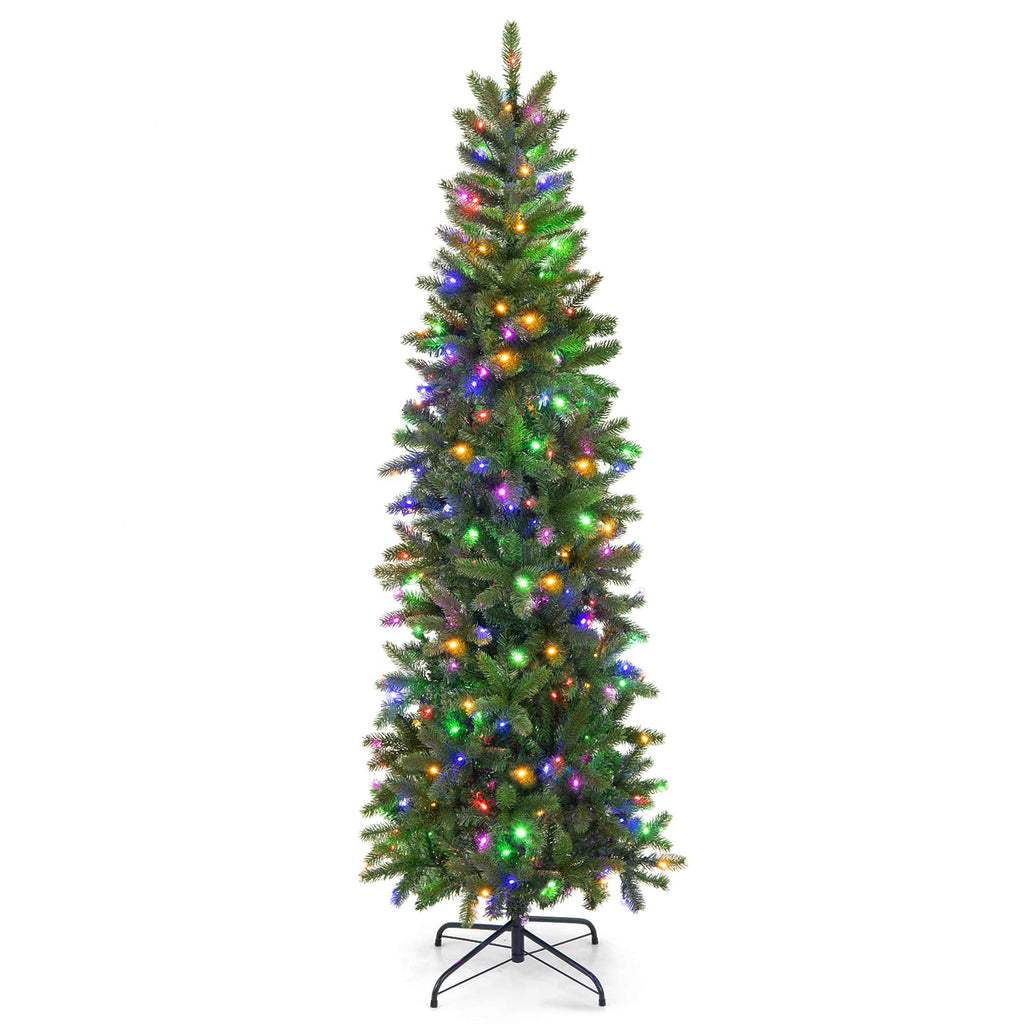 6 FT Pre-Lit Christmas Pencil Tree with 270 LED Warm White & Multi-Color Lights, 10 Flash Modes, 648 Tips, Hinged