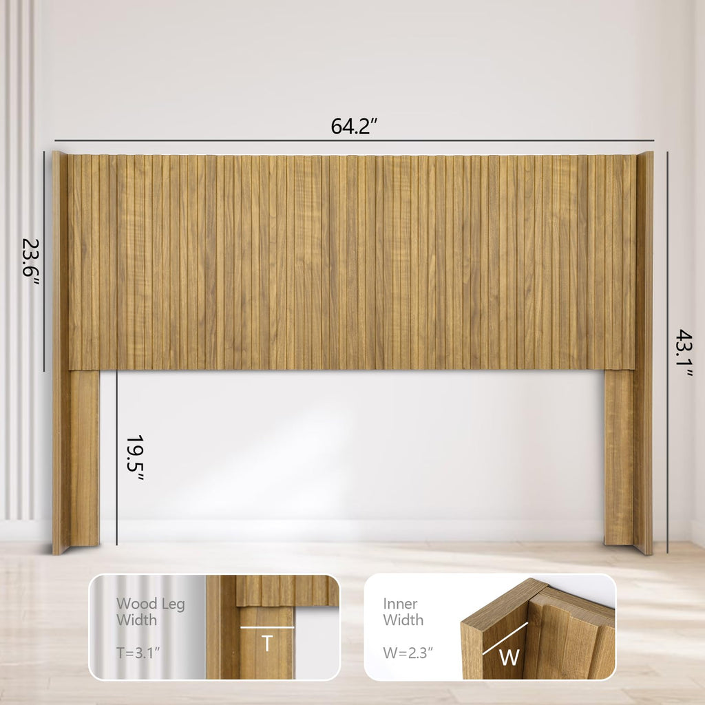 Wooden Headboard Queen, Boho Farmhouse Fluted Wall Mounted Headboards with Wingbacks, Mid Century Modern Wood