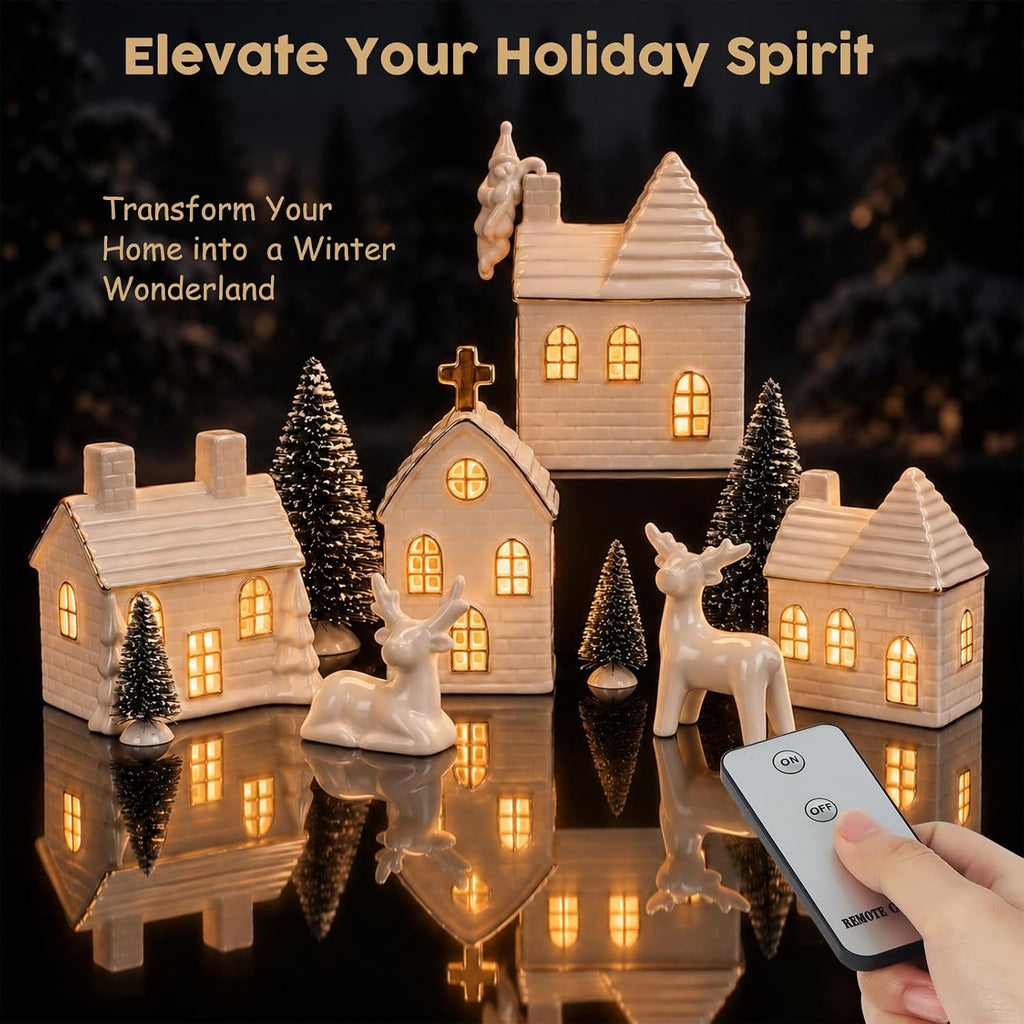 Christmas Village Set, 16-Piece Ceramic Light Up Houses and Pine Trees