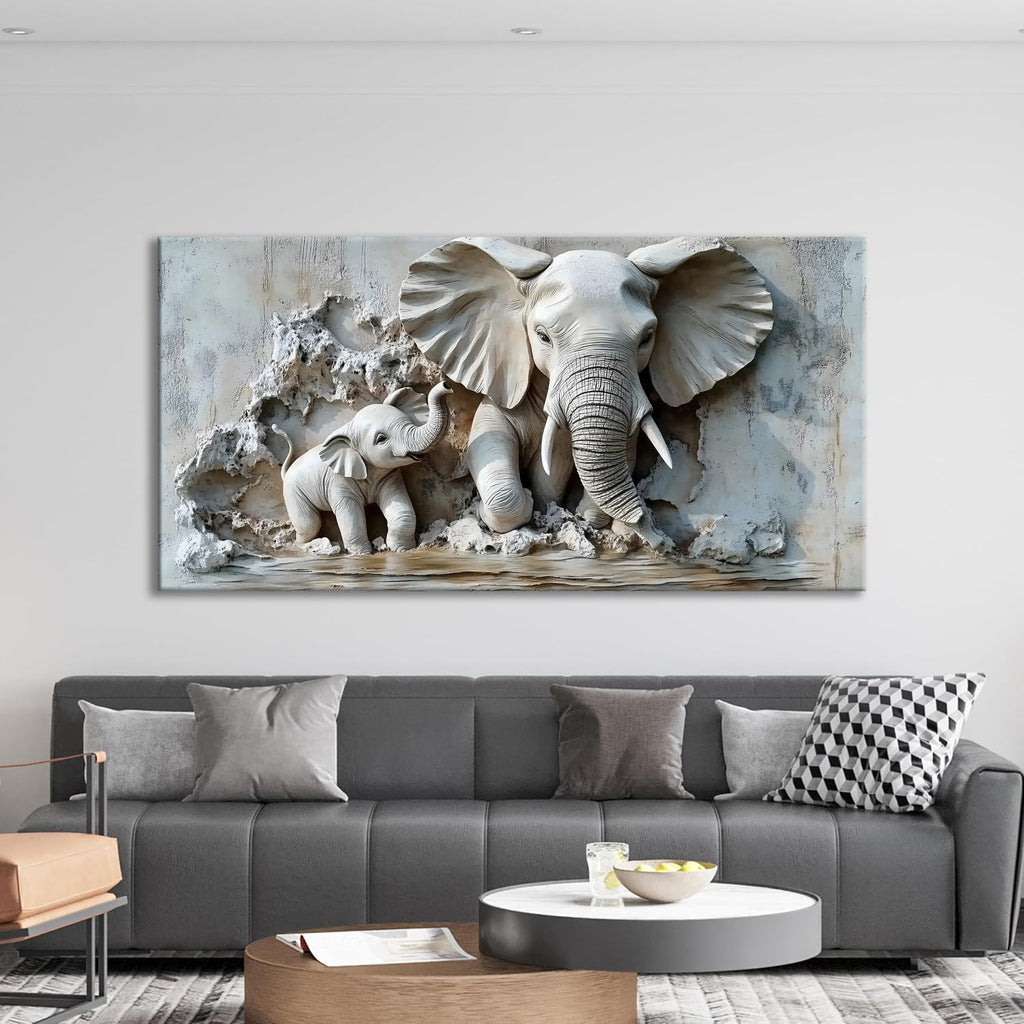 Warm Mother & Baby Elephant Texture Art Picture - Frameless Canvas Wall Art Painting, Family Room, Hallway - 40'' x