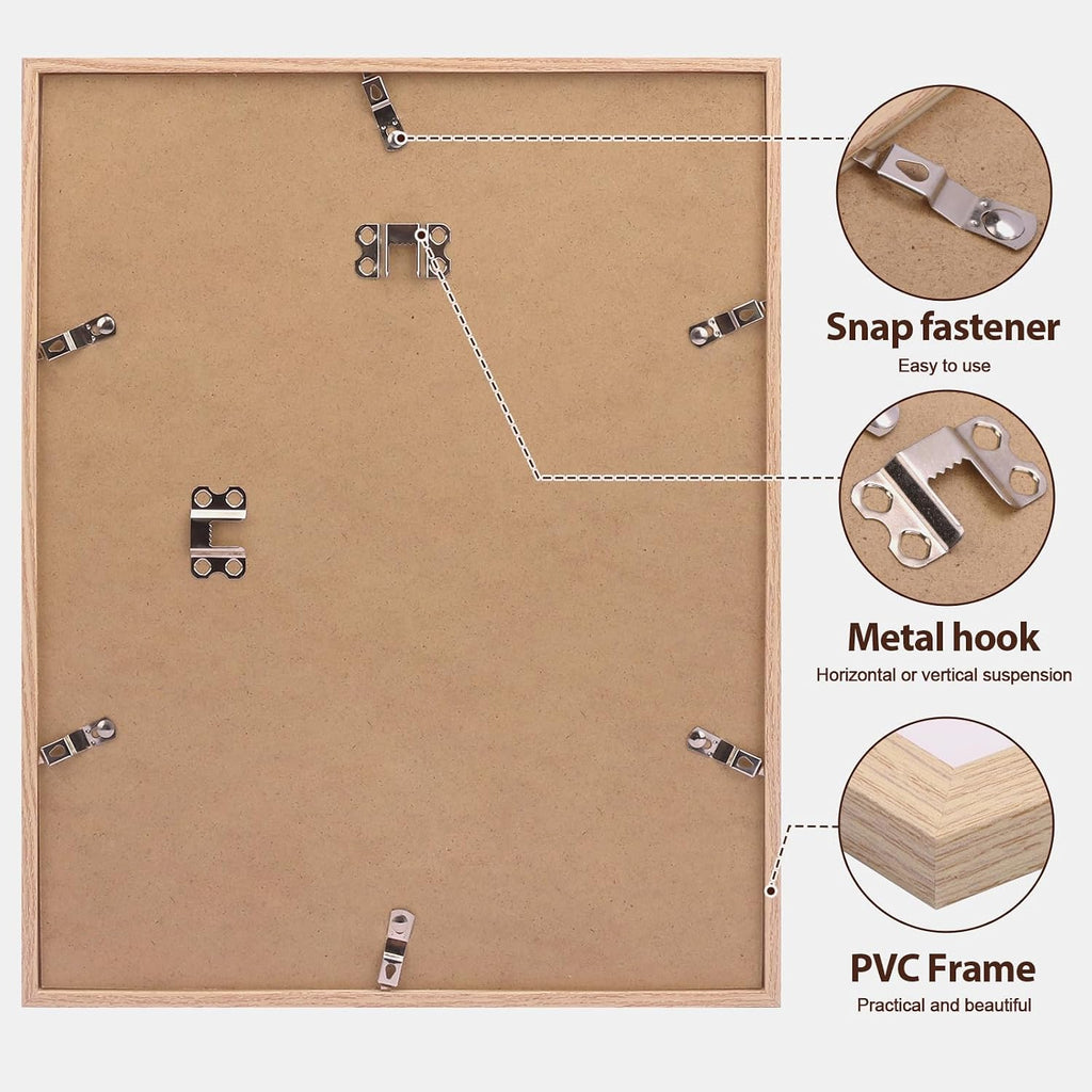 11x14 Picture Frame Set of 6, 8.5x11 with Mat, Wall Mount, Natural | Shatter Resistant Plastic Cover, Thin Border and
