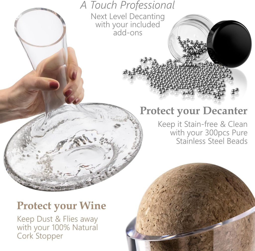 Wine Decanter & Accessories (Cork Stopper + Cleaning Beads) - 100% Lead-Free Crystal Wine Carafe - Unique Gift Idea