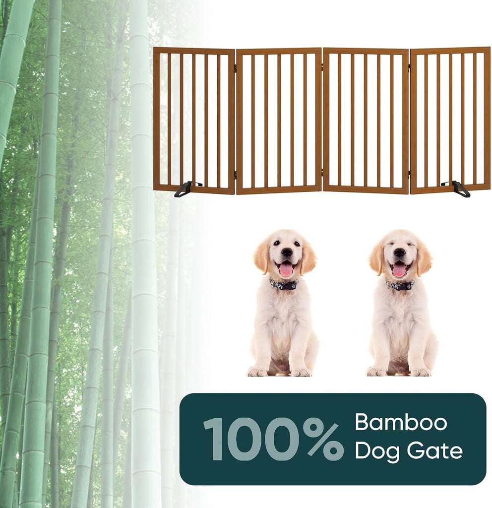 32" H Extra Tall Freestanding Dog Gates Indoor, 4-Panel Bamboo Wood Door Gates for Pets with 2 Metal Stands