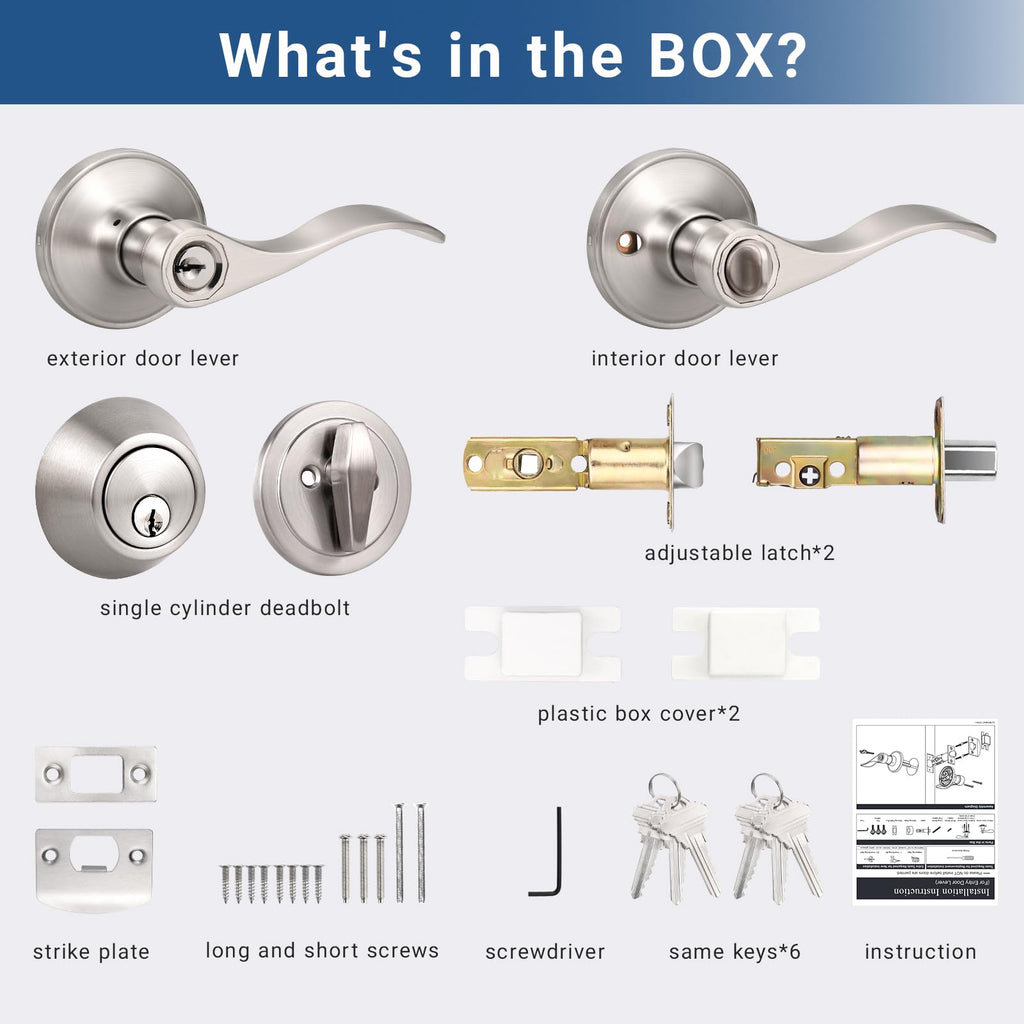6 Pack Entry Lock with Single Cylinder Handleset Satin Nickel, Keyed Alike(Combo Pack), Wave Style Door Lever Lockset