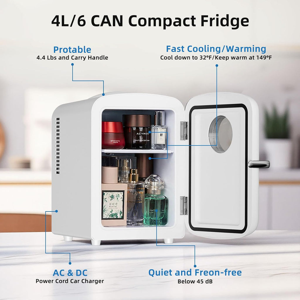 Mini Fridge, 4L Capacity/6 Cans Portable Cooler and Warmer Compact Refrigerator, for Bedroom,Car,Office and Dorm
