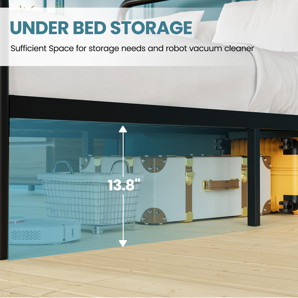 Classic Queen Size Metal Platform Bed Frame Mattress Foundation with Victorian Style, Heavy Duty Steel Slat Supported