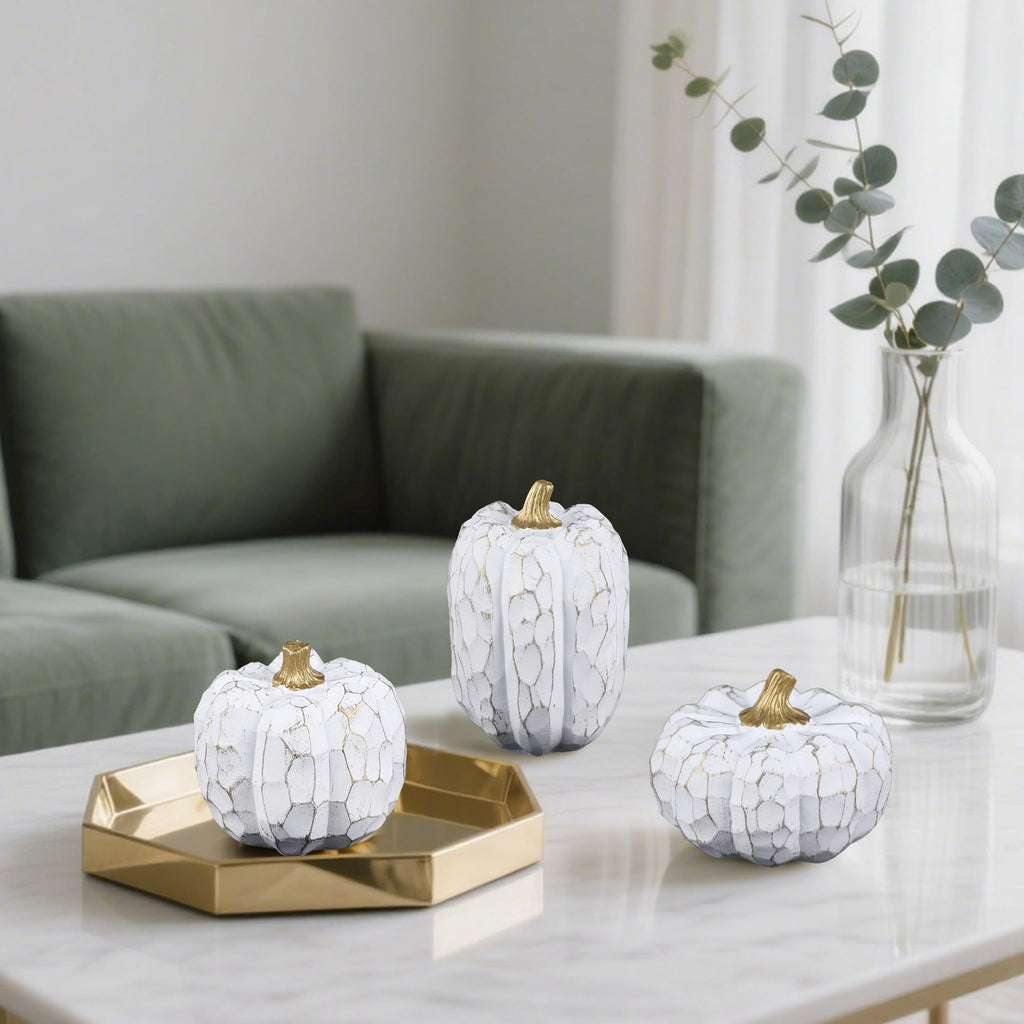 Set of 3 White Pumpkins Fall Decorations