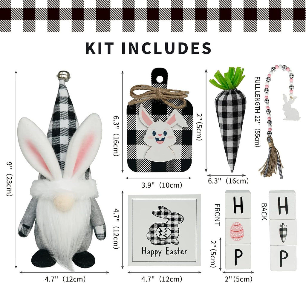 Easter Tiered Tray Decorations Spring Easter Bunny Gnome Decor, Buffalo Plaid Easter Gnome Plush Black Check - Set of 8