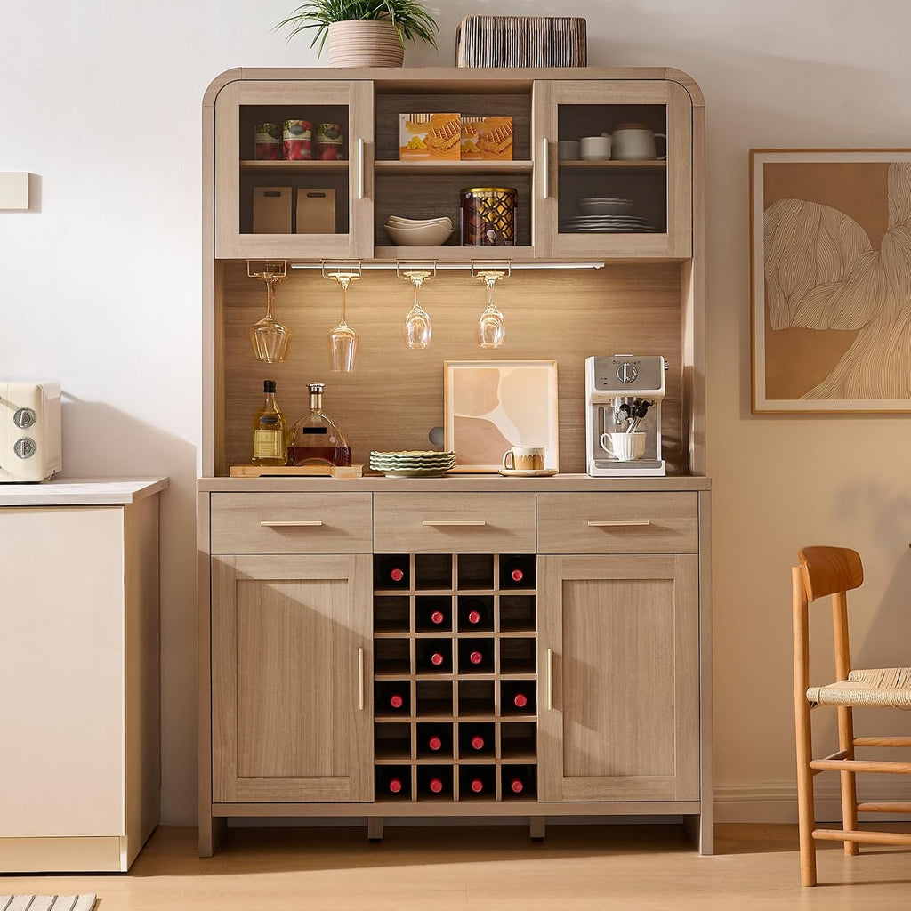 77" Tall Pantry Cabinet & Coffee Bar Cabinet with Storage,Gray Oak | Wine Cabinet Home with LED Lighting & Charging