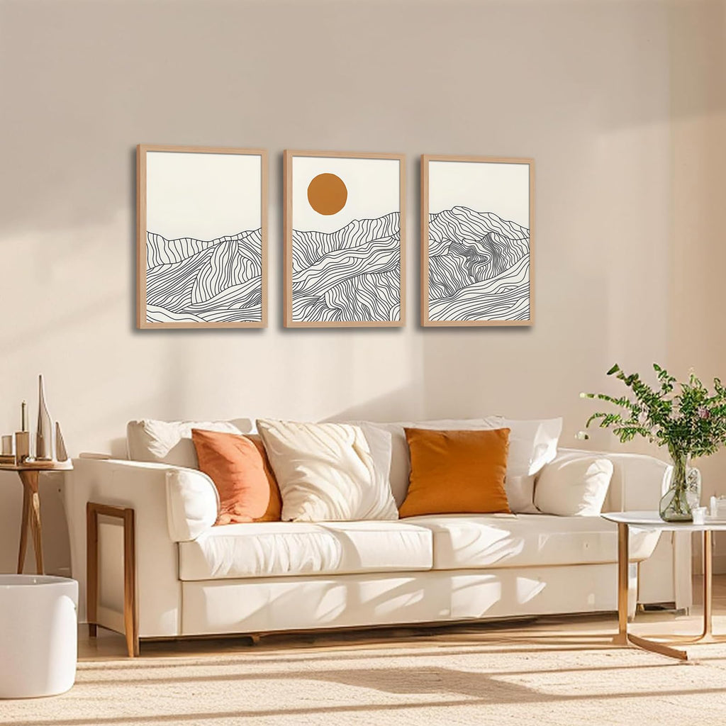 Abstract Wave Line Mountain Framed Canvas Wall Art, Boho Sun Wall Decor