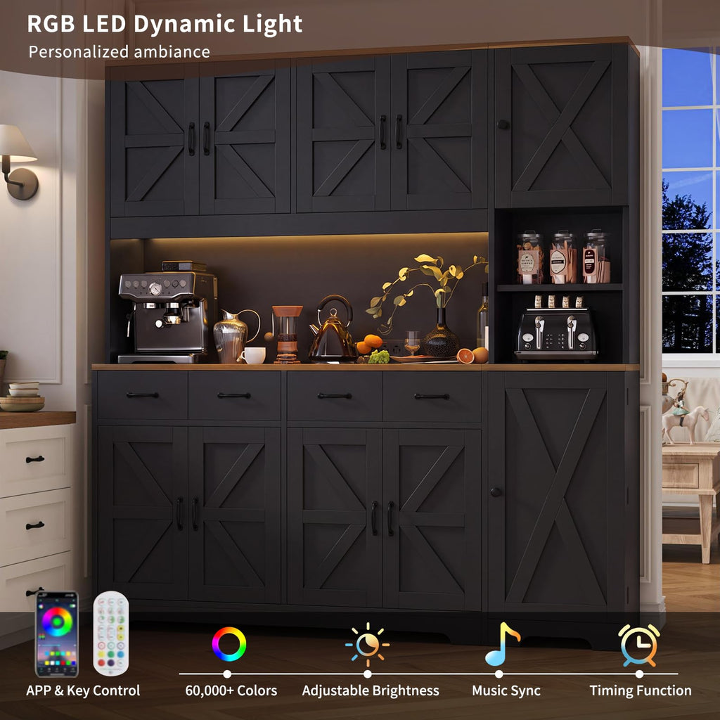 71" Tall Kitchen Pantry with LED Lights & Charging Station, Farmhouse Storage Cabinet with 4 Drawers & 6 Cabinets