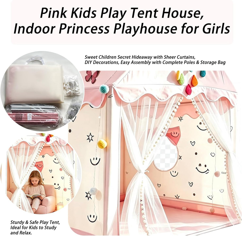 Princess Castle Play Tent for Kids with LED Globe String Lights, Pink Fantasy Playhouse Indoor, Easy Setup & Durable