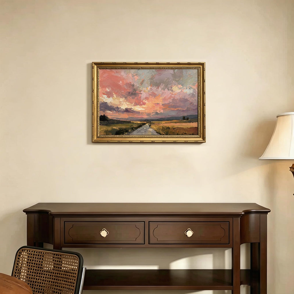 Sunset Country Road Vintage Gold Framed Wall Art 16x24 inch