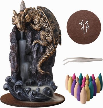 Dragon Backflow Incense Holder Waterfall Incense Burner, with 100 Backflow Incense Cones,1 Mat,1 - Set of 4