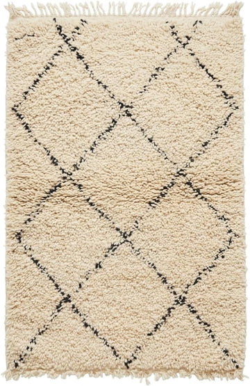 Handmade Moroccan Berber Area Rug 6' x 9', 100% Wool High Pile Shag, Beni Ourain Style, Ivory/Cream with Charcoal