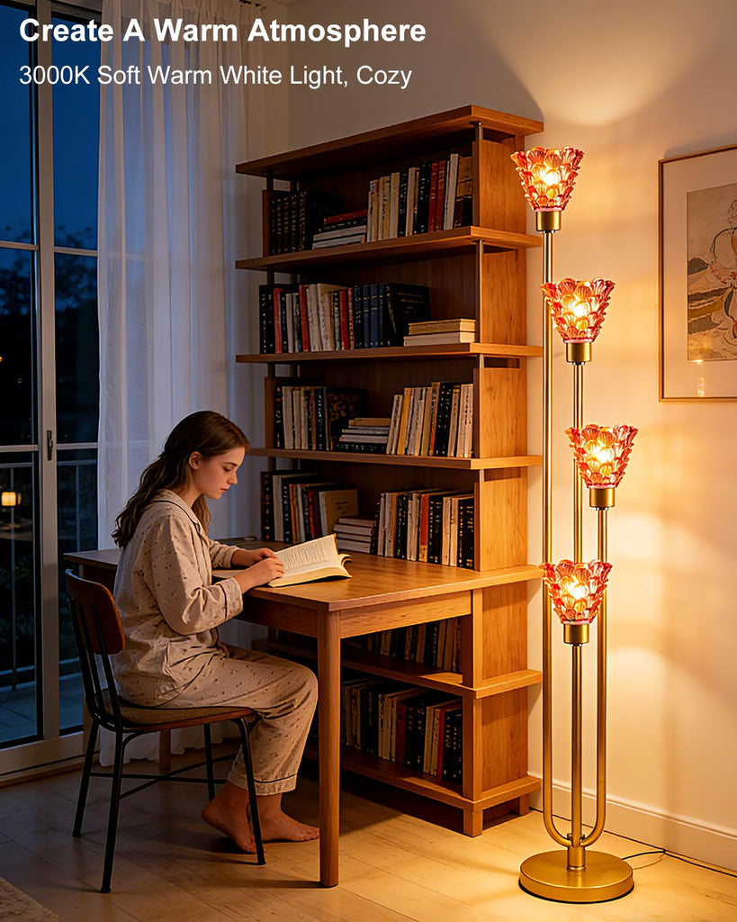 4-Light Modern Glass Floor Lamp, Gold Tall Standing Lamp with Deep Red Flower Glass Shade, Dimmable LED Floor Lamp