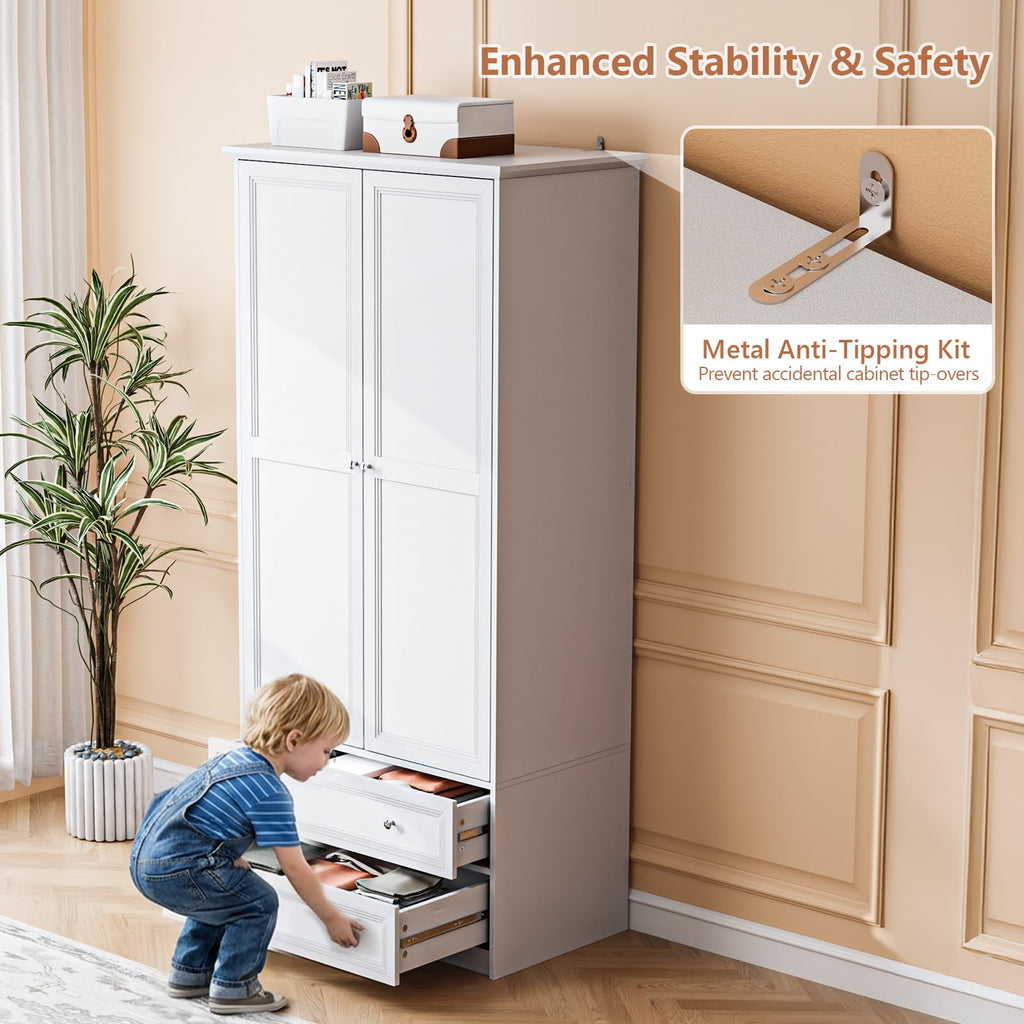 72" Wooden Armoire Wardrobe Closet with 2 Doors and 2 Drawers, White