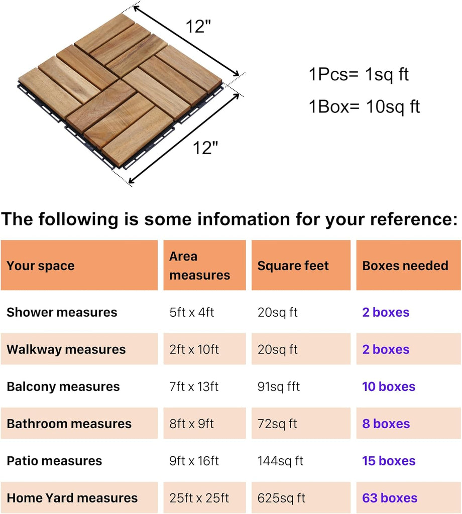 12" x 12" Square Wood Interlocking Flooring Tiles, Pack of 10 Tiles, 10 PCS Interlocking Deck Tiles, Acacia Hardwood
