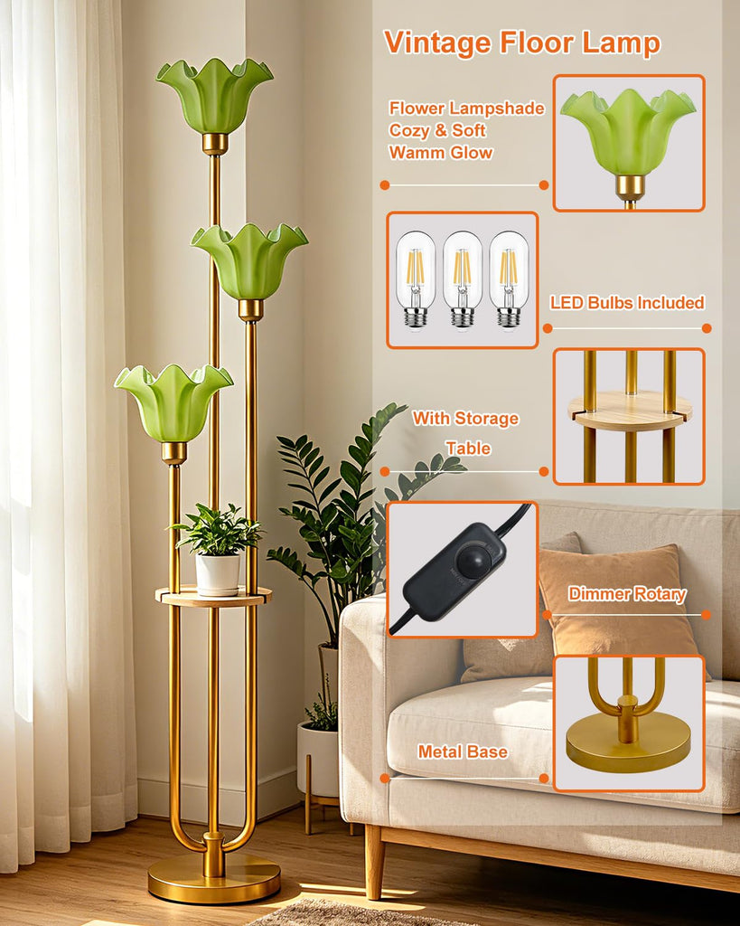 Flower Floor Lamp Vintage Dimmable Floor Lamp with Green Shades 3 Light Mid Century Gold Floral Standing Tall Lamp