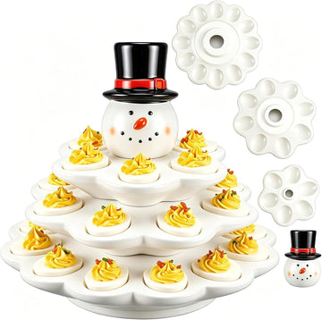 4 Layer Ceramic Snowman Christmas Tree Deviled Egg Platter, 26 Hole