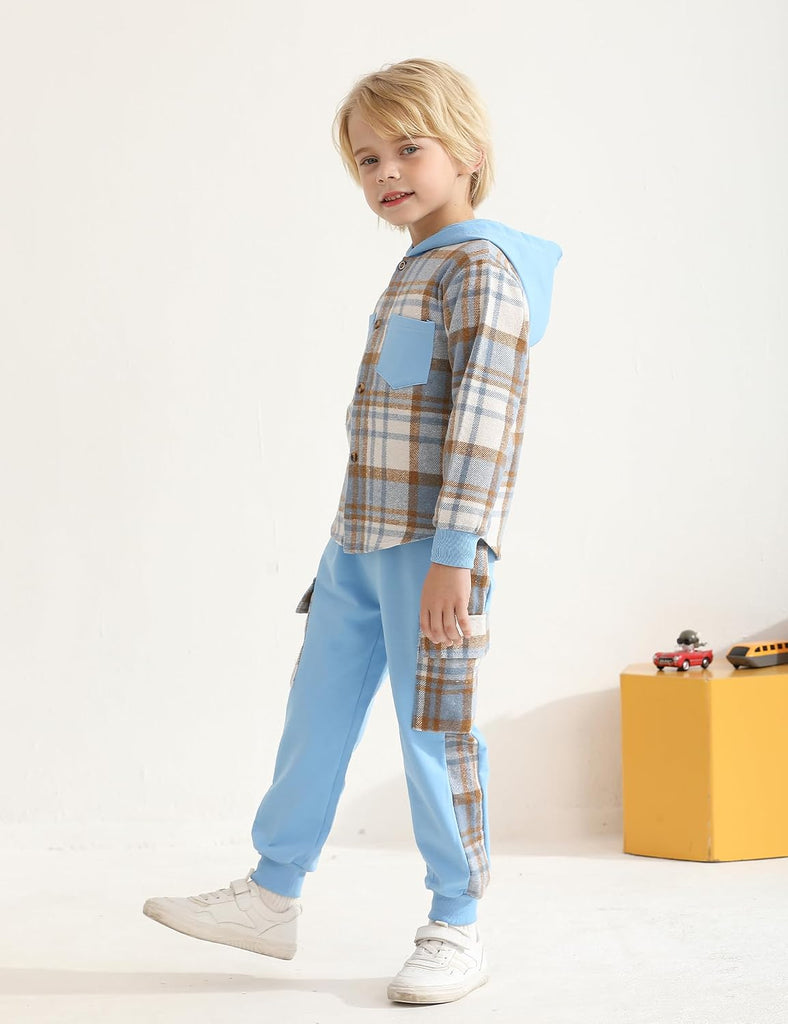Boys 3 Piece Outfit Set,Flannel plaid shirt hoodie+ Plaid Patch Cargo Jogger Pants Toddler Little Clothes