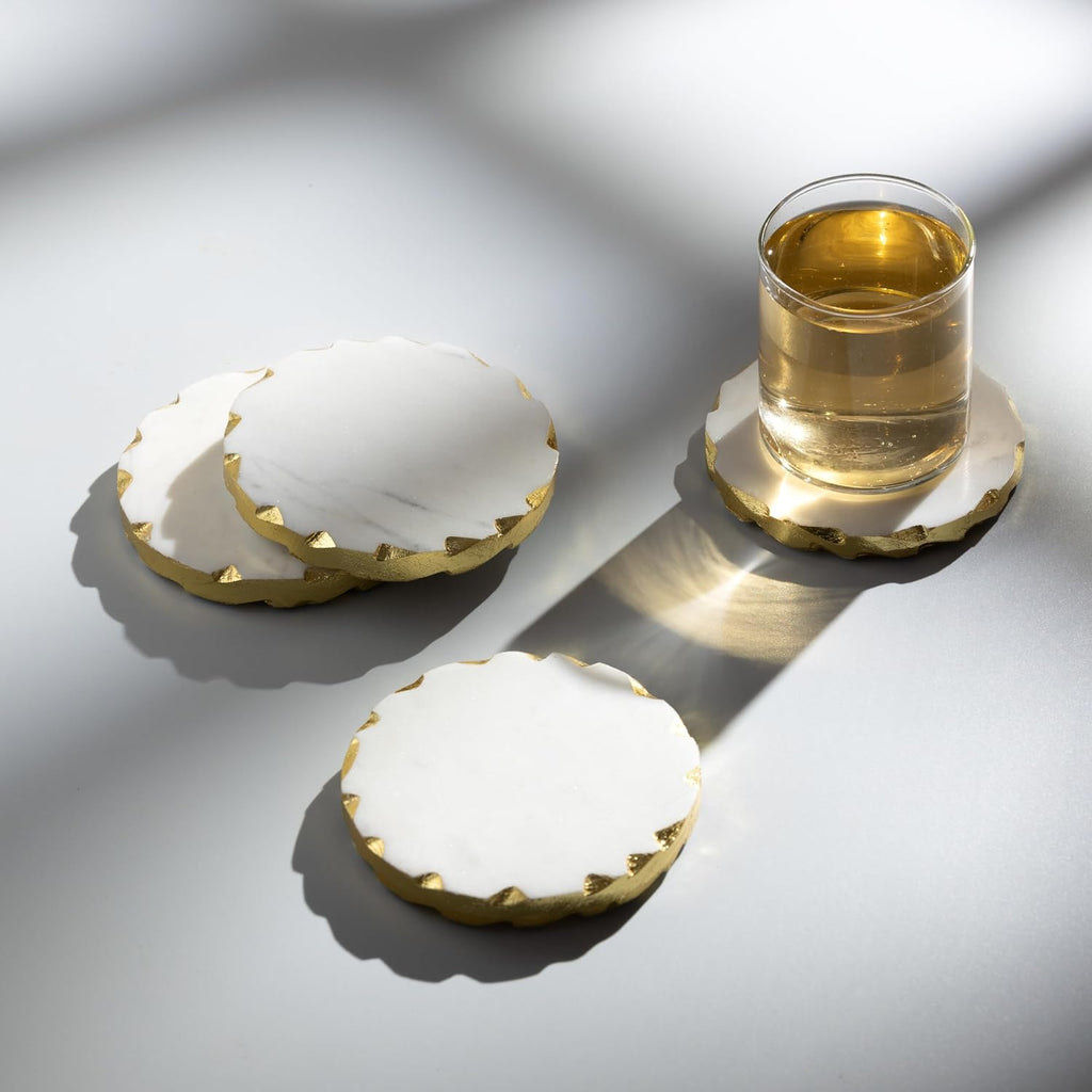Real Marble Coasters with Golden Borders, decoratice White & Gold Coasters for Desk, Coffee Table | Thick & - Set of 6