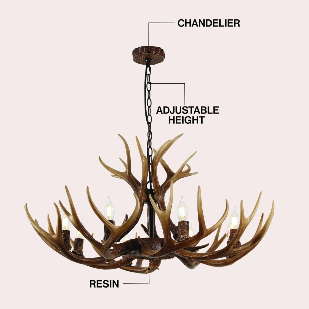 Rustic Faux Antler Chandelier - 8-Light Brown Resin Antler Chandelier for Cabin & Lodge, 36" Wide