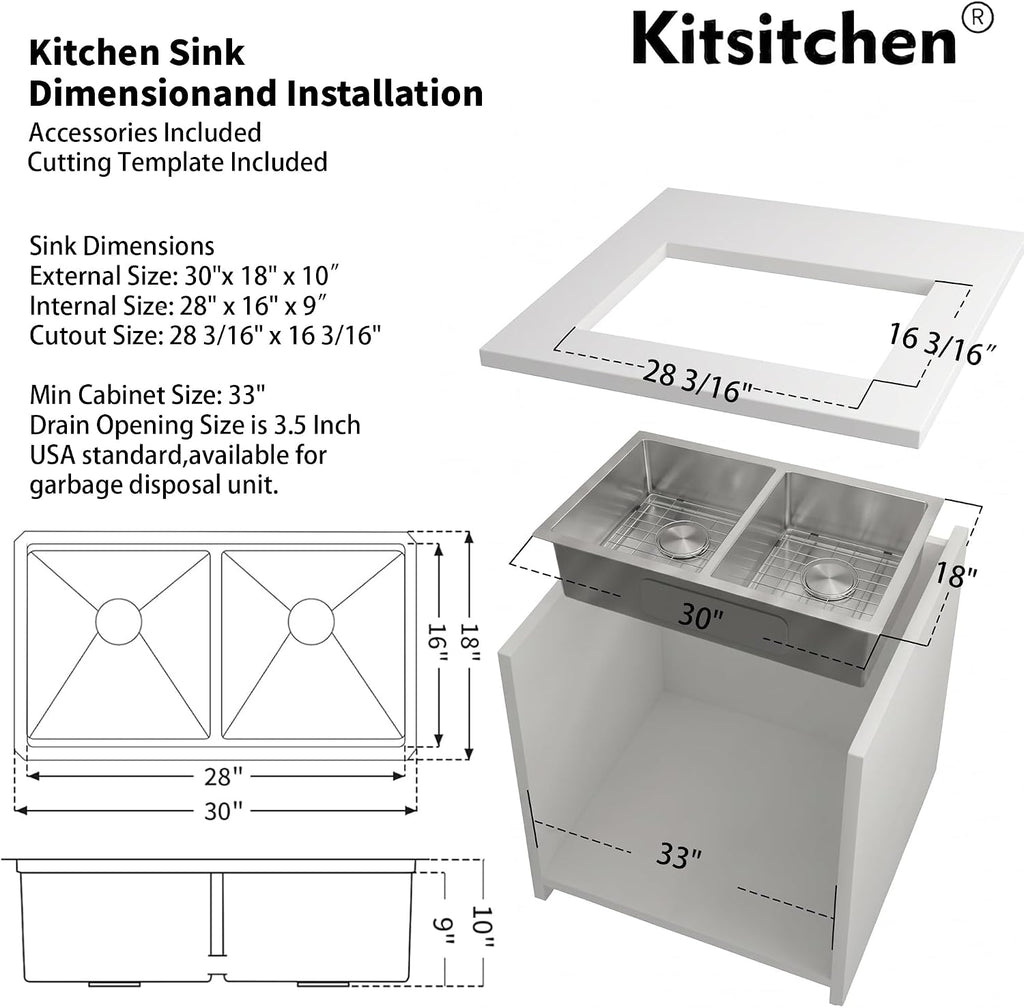 Double Undermount Kitchen Sinks 30 Inch, 16 Gauge T304 Stainless Steel Sink | 30" x 18" x 10" Deep Large Workstation