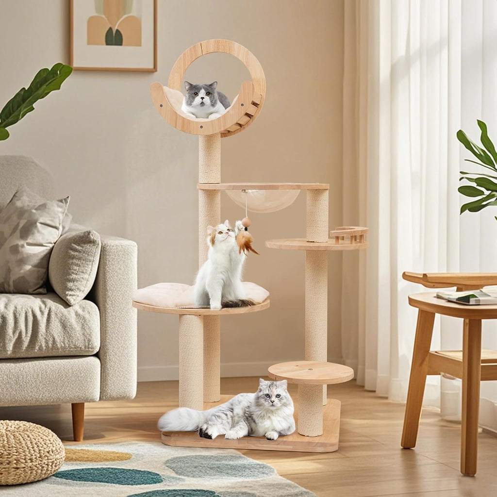57 Inches Tall Wooden Cat Tree, Multi-Level Cat Tower with Scratching Posts, Space Capsule Bed, Padded Platform