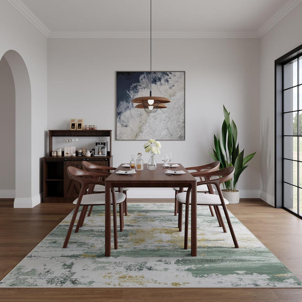 Washable Area Rug for Living Room, 8x10 Non Slip Modern Abstract Green Rugs, Easy Clearning Low Pile Large Carpet for