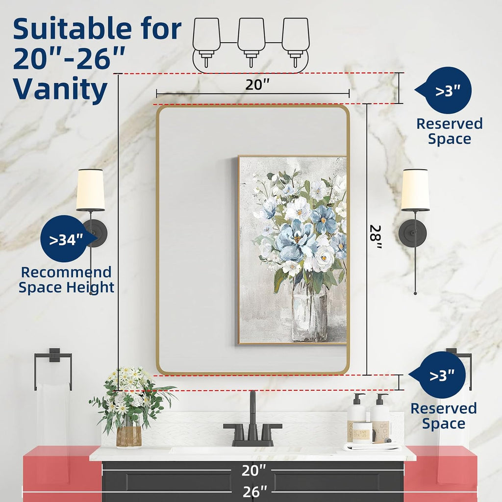 Medicine Cabinet 20 x 28 Inch, Brush Gold Bathroom Medicine Cabinet with Mirror,Metal Beveled Mirror, Adjustable