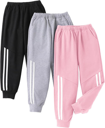 Girls' 3 Pack Cotton Sweatpants Elastic Waisted Joggers Athletic Pants with Pockets for Kids