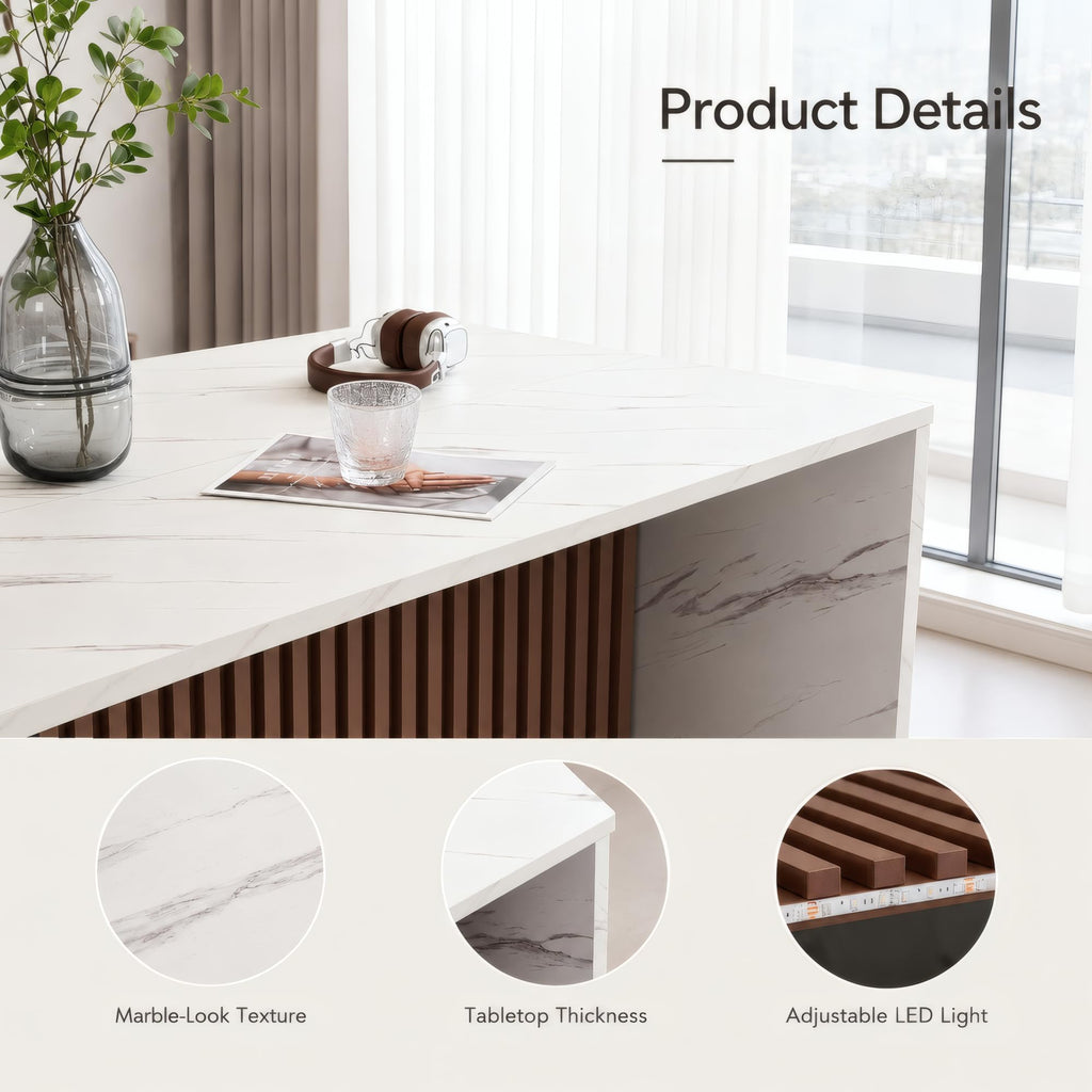 59 Inch Large Imitation Marble Dining Table for 4-6 People, Mordern Marble Stripes Kitchen Dining Table with Grille