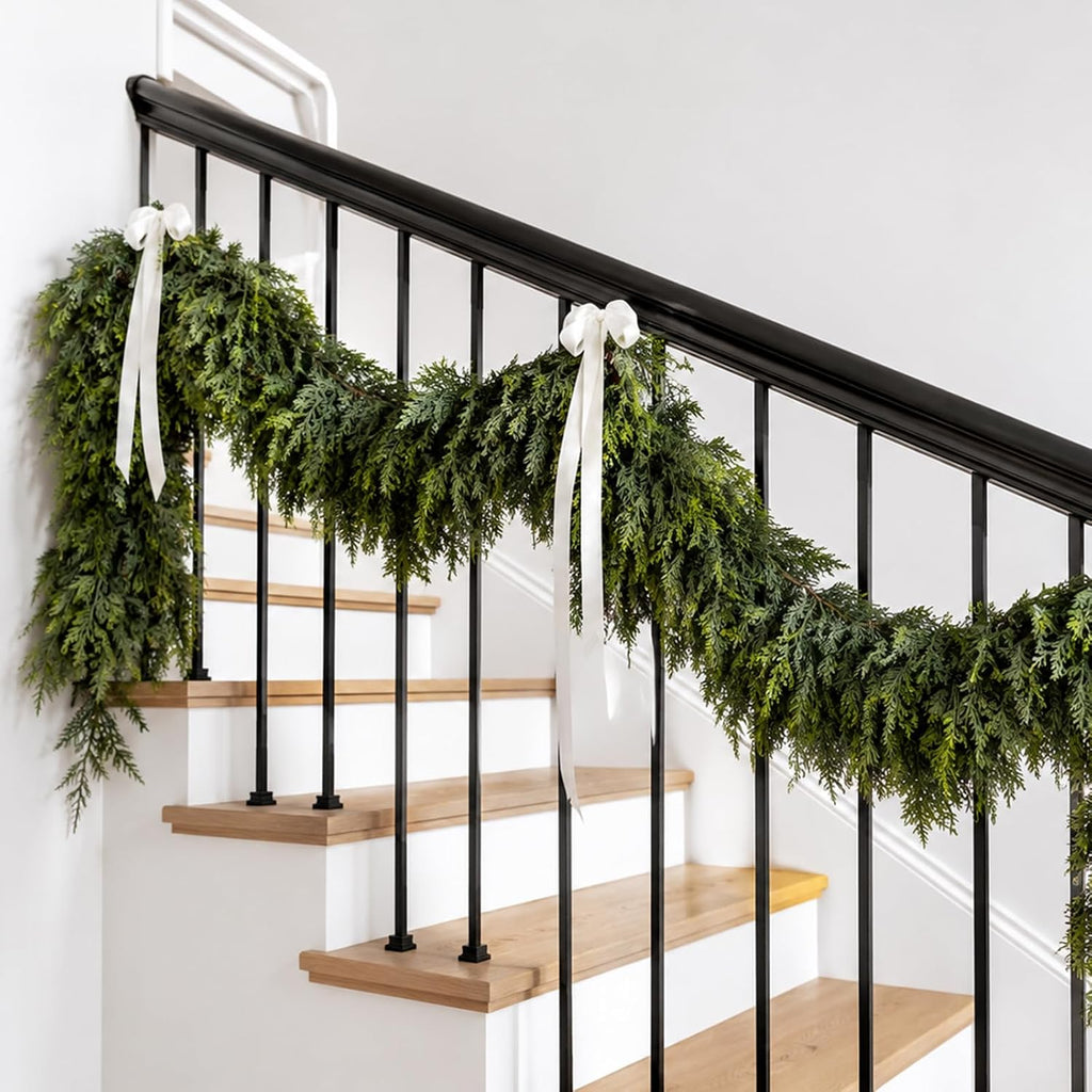 9FT Artificial Cedar Garlands, Real Touch Soft Cedar Pine Garland, Winter Artificial Greenery Garland for Fireplace