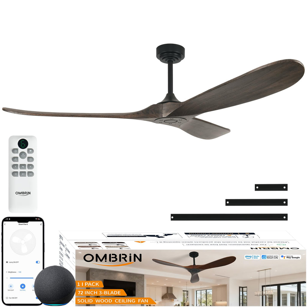 72" Ceiling Fans without Lights, Wood Large Ceiling Fan no Light with Remote Voice Control Alexa, 3 Blade Propeller s