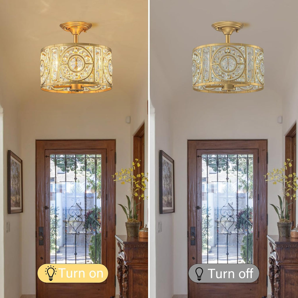 Semi Flush Mount Chandelier for Dining Room, 3-Lights Vintage Crystal Round Chandelier, Gold Retro Semi-Flush Mount