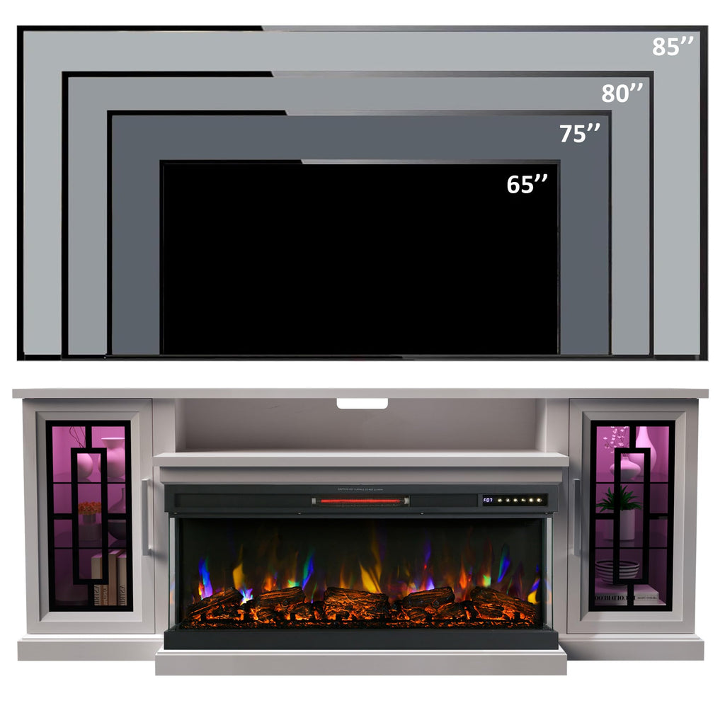 75 Inch Electric Fireplace TV Stand, 3- Side Glass LED Modern Media Entertainment Center Console Table for TVs up to