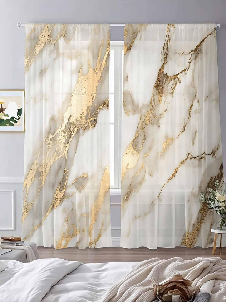 Sheer Curtains 96 Inches Long, Marble Gold Light Filtering Window Curtains , Abstract Luxury Wave Gold Marbling