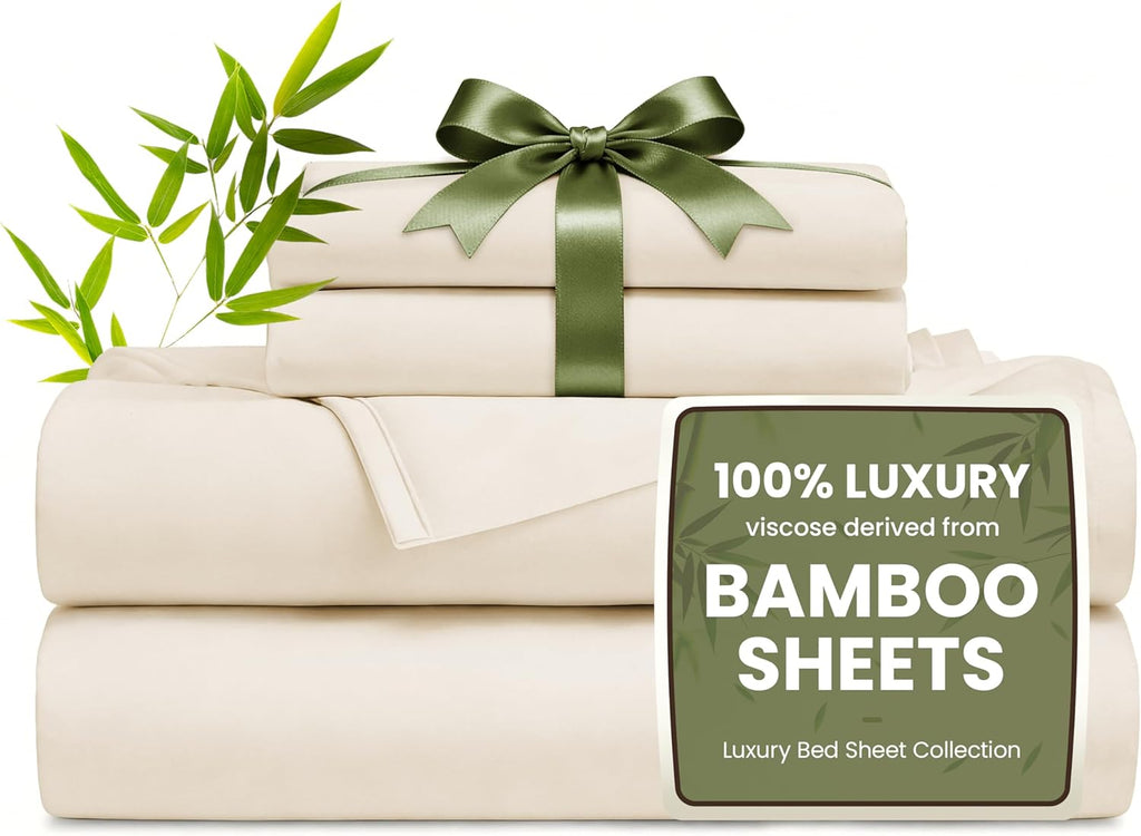 4 Piece Queen Sheet Set, 100% Rayon Derived from Bamboo, Cooling & Breathable, Soft Silky Deep Pocket up to 16"
