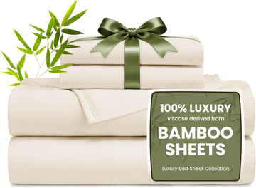 4 Piece King Sheet Set, 100% Rayon Derived from Bamboo, Cooling & Breathable, Soft Silky Deep Pocket up to 16", Hotel