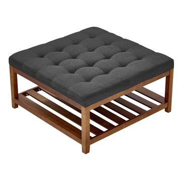 Large Square Ottoman Coffee Table, 34.5 Inch Tufted Coffee Table with Solid Wood Shelf Storage, Linen Solid