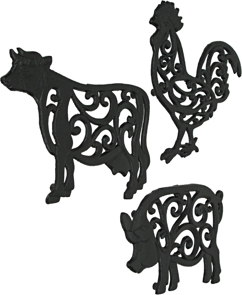 Farm Animal Kitchen Trivets, Black 9 Inch Cast Iron - Set of 3